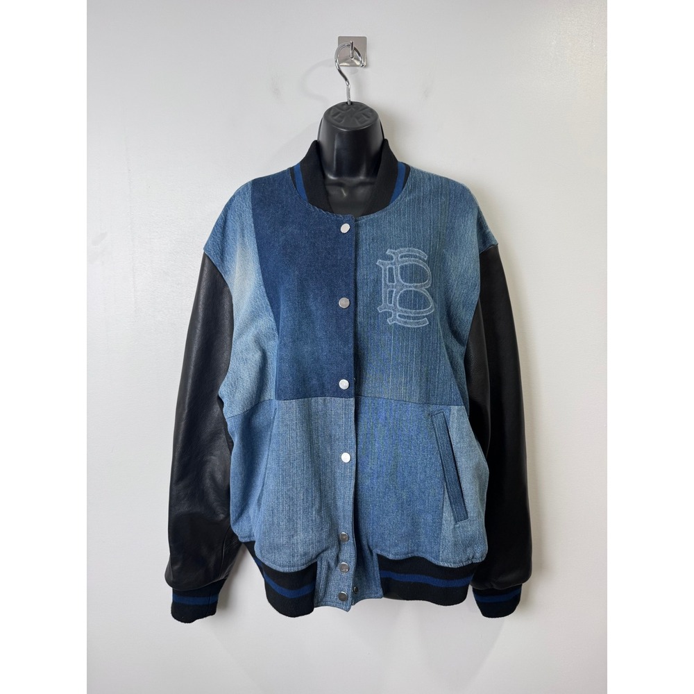 EB Denim Women Blue Varsity Jacket Patchwork Leather Sleeve Medium